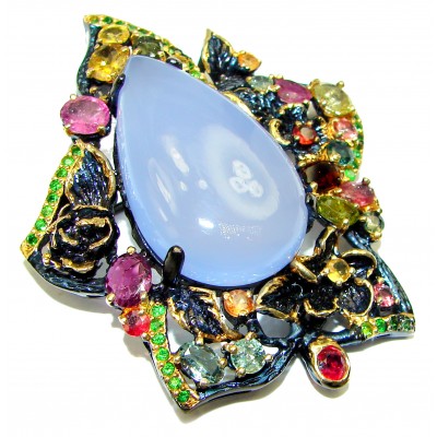 Large Spectacular Chalcedony Agate Tourmaline .925 Sterling Silver handmade Pendant Brooch
