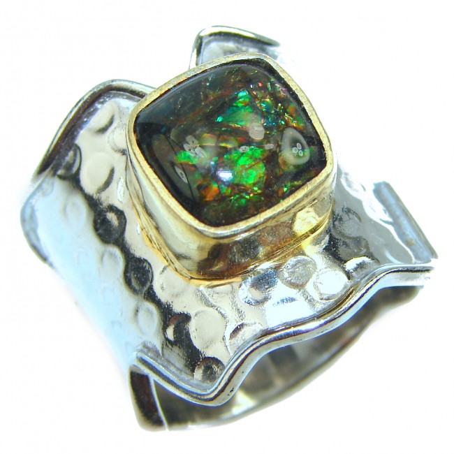 Outstanding Genuine Canadian Ammolite 18K Gold over .925 Sterling Silver handmade ring size 9
