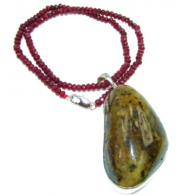 Natural Beauty Golden Polish Amber and Ruby .925 Sterling Silver handmade necklace