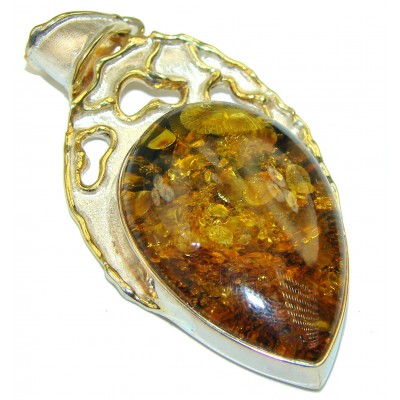 Ancient Monarch Genuine Baltic Amber 2 tones .925 Sterling Silver handmade pendant