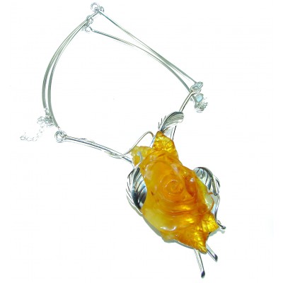 One in the World Natural Carved Rose Baltic Amber .925 Sterling Silver handcrafted necklace