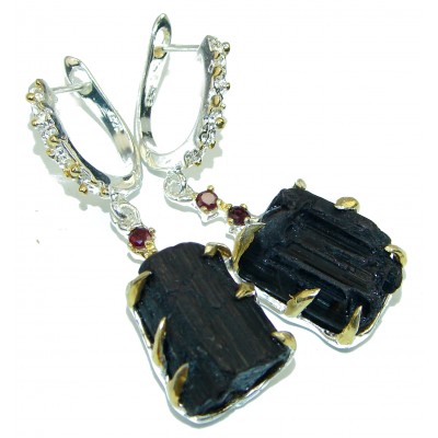 Authentic Rough Tourmaline 2 tones .925 Sterling Silver handcrafted earrings