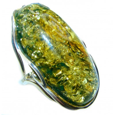 Massive Authentic Green Baltic Amber .925 Sterling Silver handcrafted ring; s. 8 adjustable
