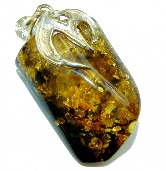 LARGE Golden Amber .925 Sterling Silver handmade Pendant