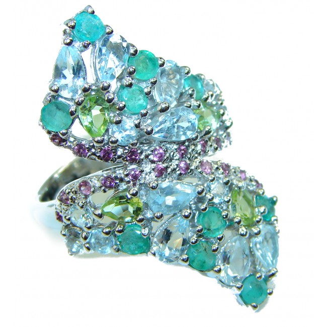 Bouquet of Flowers Authentic Aquamarine Emerald .925 Sterling Silver handmade Ring s. 7 3/4