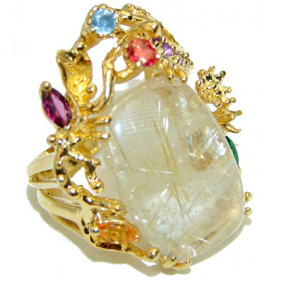 Large Best quality Golden Rutilated Quartz 14K Gold over .925 Sterling Silver handcrafted Ring Size 9