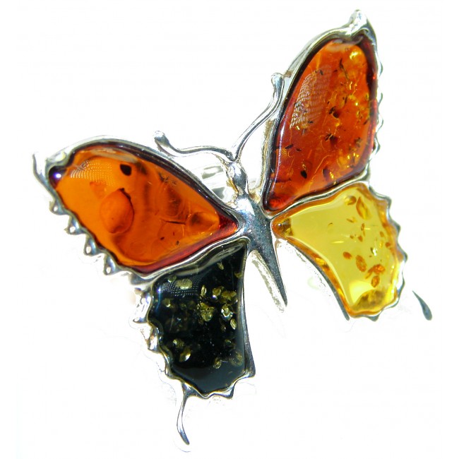 Beautiful Large Authentic carved Butterfly Baltic Amber .925 Sterling Silver handcrafted ring; s. 6 adjustable