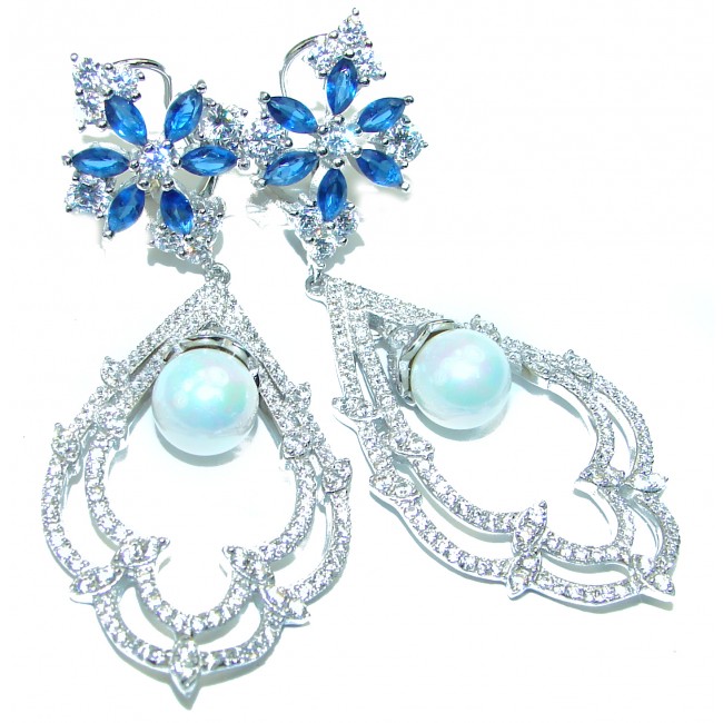 Luxurious Pearl Sapphire .925 Sterling Silver handmade earrings
