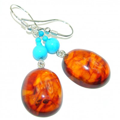 Bohemian Style Baltic Polish Amber Turquoise .925 Sterling Silver Earrings