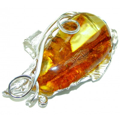 100-Million-Year-Old Genuine Golden Baltic Amber .925 Sterling Silver handmade HUGE pendant