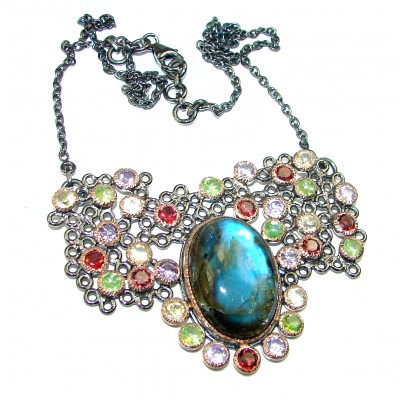 Midnight Moon Labradorite 2 tones .925 Sterling Silver entirely handcrafted necklace