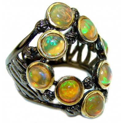 Vintage Design 10.2ctw Genuine Ethiopian Opal black rhodium over .925 Sterling Silver handmade Ring size 7