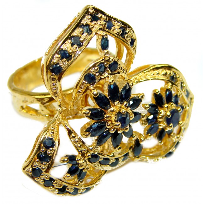 Exotic Blue Flowers Sapphire 14K Gold over .925 Sterling Silver handcrafted Statement Ring size 8