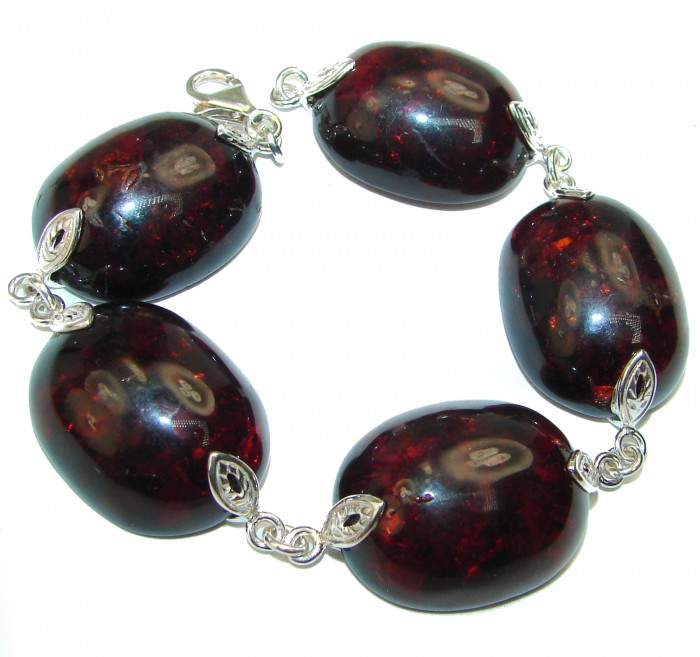 Large Beautiful Dark Cognac Amber .925 Sterling Silver handcrafted Bracelet