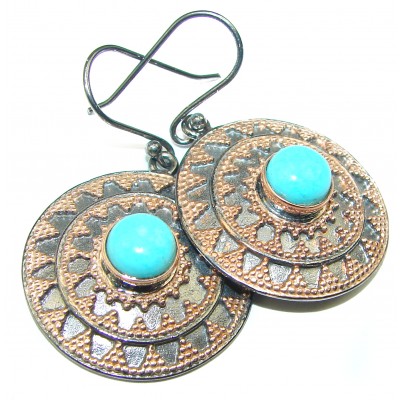 Precious Blue Turquoise 2 tones .925 Sterling Silver handmade earrings