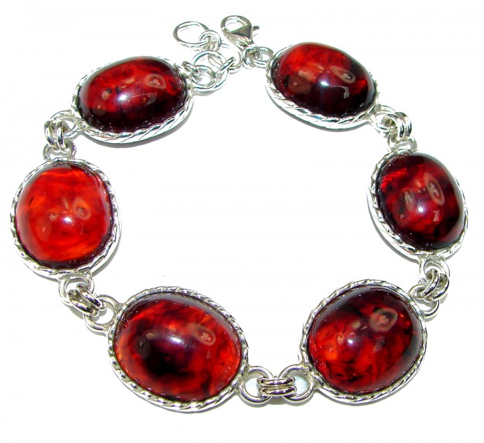 Large Beautiful Dark Cognac Amber .925 Sterling Silver handcrafted Bracelet