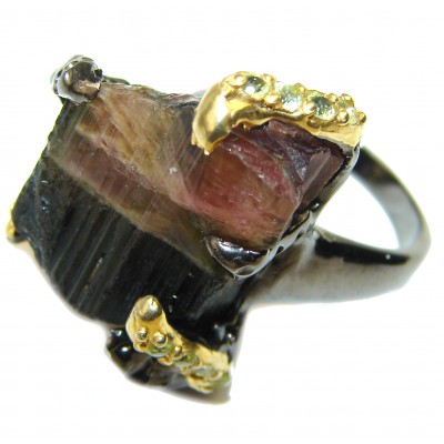 Huge Authentic Rough Tourmaline over 2 tones .925 Sterling Silver Ring size 7 1/4