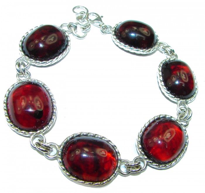 Large Beautiful Dark Cognac Amber .925 Sterling Silver handcrafted Bracelet