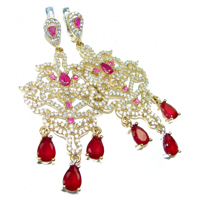 3 3/8 inches long Spectacular created Ruby .925 Sterling Silver handcrafted earrings