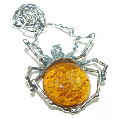Golden Spider Baltic Polish Amber .925 Sterling Silver Pendant / Brooch