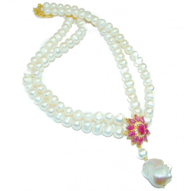 Spectacular Pearl & Ruby 14K Gold over .925 Sterling Silver handmade Necklace