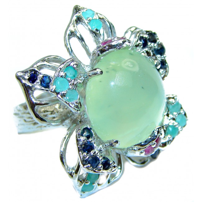 Green Blooning Flower Natural Prehnite .925 Sterling Silver handmade ring s. 8 3/4