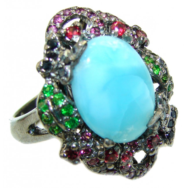 21.4 carat Larimar black rhodium over .925 Sterling Silver handcrafted Ring s. 8 3/4