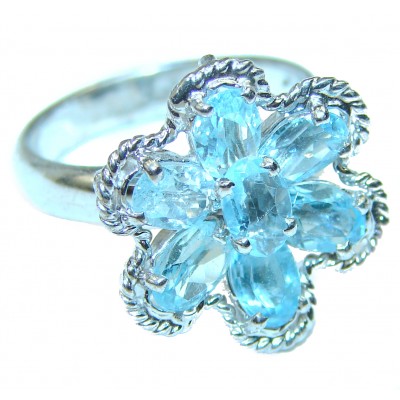 Blue Flower 11.8 carat Swiss Blue Topaz .925 Sterling Silver handmade Ring size 8