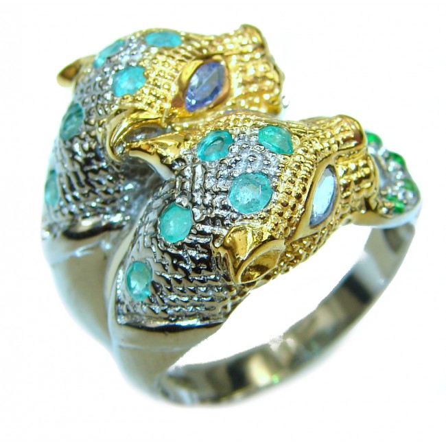 Two Panthers Emerald Sapphire .925 Sterling Silver handcrafted Statement Ring size 8