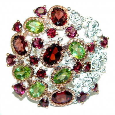 Authentic Garnet Peridot 2 tones .925 Sterling Silver Ring size 7 1/4