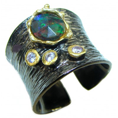 Vintage Design 7.2ctw Genuine Ethiopian Opal black rhodium over .925 Sterling Silver handmade Ring size 7 adjustable