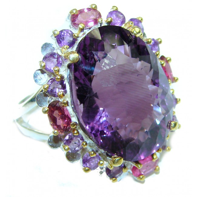Spectacular genuine Amethyst 2 tones .925 Sterling Silver HANDCRAFTED Ring size 8 1/4