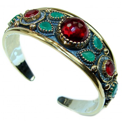 Victorian Style Created Ruby & White Topaz Sterling Silver Bracelet / Cuff