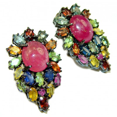 Spectacular authentic Ruby Sapphire black rhodium over .925 Sterling Silver handcrafted earrings