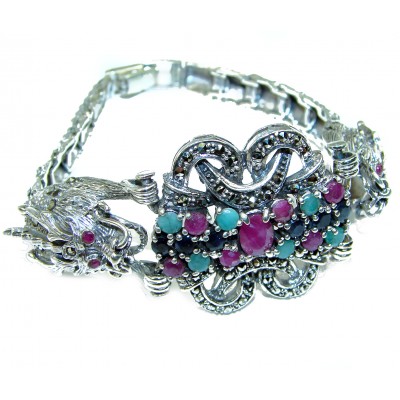 Two panthers precious Ruby Emerald Sapphire .925 Sterling Silver handcrafted Bracelet