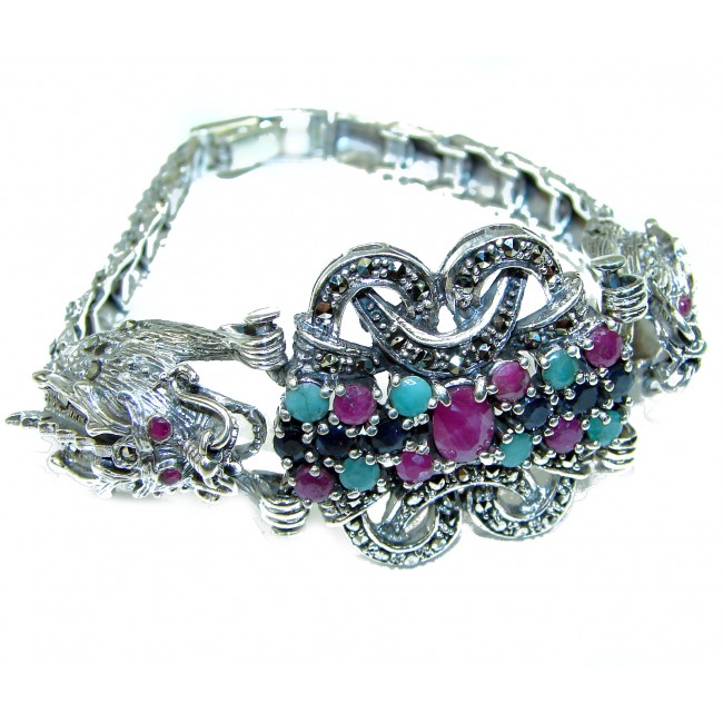Two panthers precious Ruby Emerald Sapphire .925 Sterling Silver handcrafted Bracelet