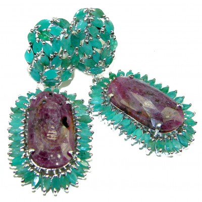 Spectacular natural Ruby Emerald .925 Sterling Silver handcrafted HUGE earrings
