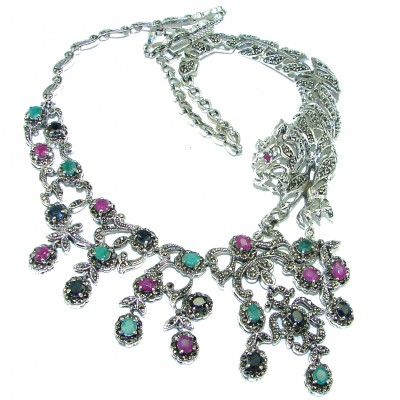 La panthere Ruby Emerald Sapphire .925 Sterling Silver handcrafted SPECTACULAR necklace