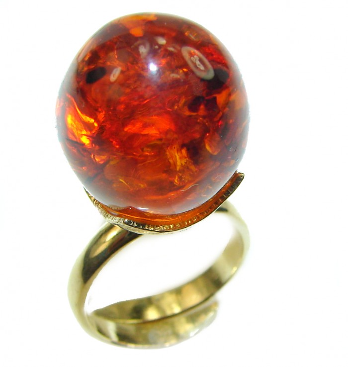 Large Authentic Baltic Amber .925 Sterling Silver handcrafted ring; s. 8 adjustable