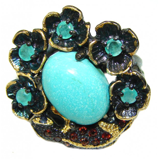 Turquoise Emerald 14K Gold over .925 Sterling Silver ring; s. 9