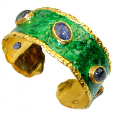 Green Enamel Royalty African Tanzanite 14K Gold over .925 Sterling Silver handcrafted Bracelet cuff