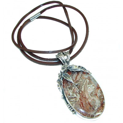 Handmade-superior quality- 63.5 grams Natural Crazy Lace Agate .925 925 Silver Stingray Leather Necklace