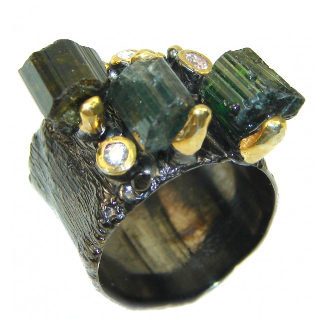 Authentic Rough Green Tourmaline over 2 tones .925 Sterling Silver Ring size 7 1/2