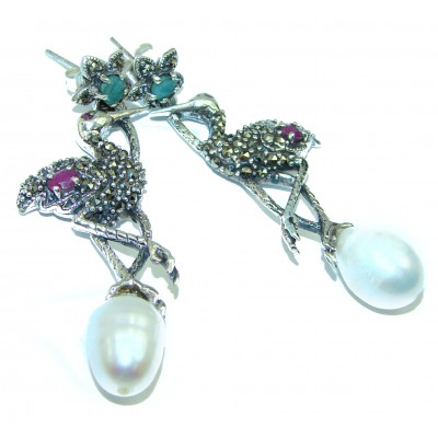 Magestic Herons Genuine Pearl Emerald .925 Sterling Silver earrings