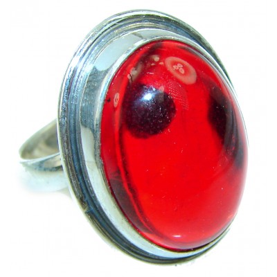 Authentic Cherry Baltic Amber .925 Sterling Silver handcrafted ring; s. 8 adjustable