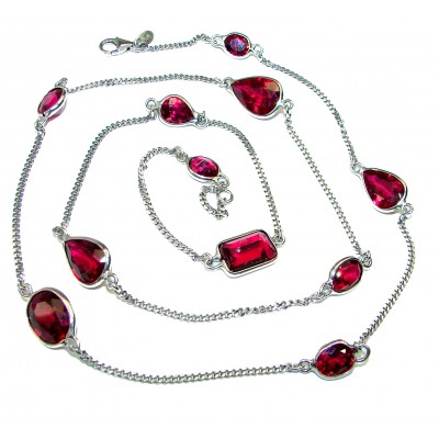 32 inches authentic Raspberry Red Topaz .925 Sterling Silver handmade Station Necklace