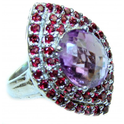 Spectacular genuine Amethyst Garnet .925 Sterling Silver Handcrafted Cocktail Ring size 8