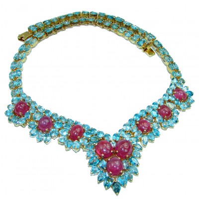 Bright Star authentic Ruby Swiss Blue Topaz 14K Gold over .925 Sterling Silver handcrafted necklace