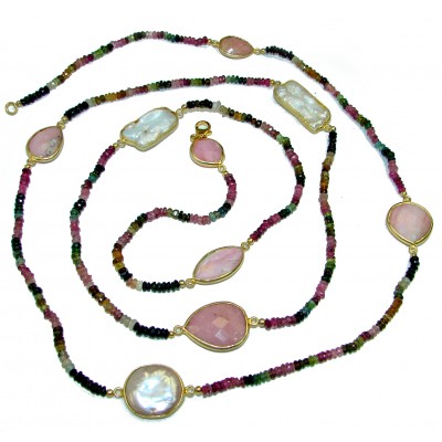 Long 44 inches genuine Mother of Pearl Tourmaline 14 Gold over .925 Sterling Silver handcrafted Necklace