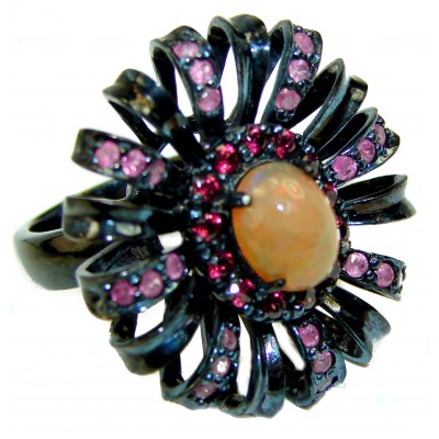 Vintage Style Ethiopian Opal black rhodium over .925 Sterling Silver handmade ring s. 7